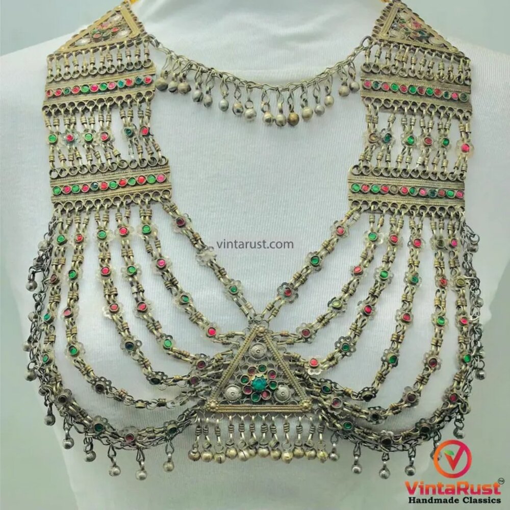 Multilayers Bib Necklace, Tribal Afghan Ethnic Handmade Kuchi Bib Necklace